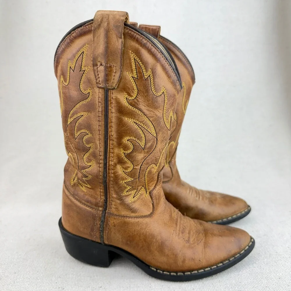 Old West Kids Tan Leather Cowboy Boots Western Pointed Toe 8129 Size 12D Costume